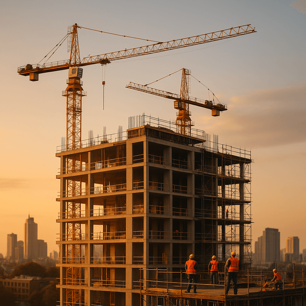 Obreros y grúas en un edificio moderno en construcción al atardecer, con iluminación cálida y skyline urbano de fondo.