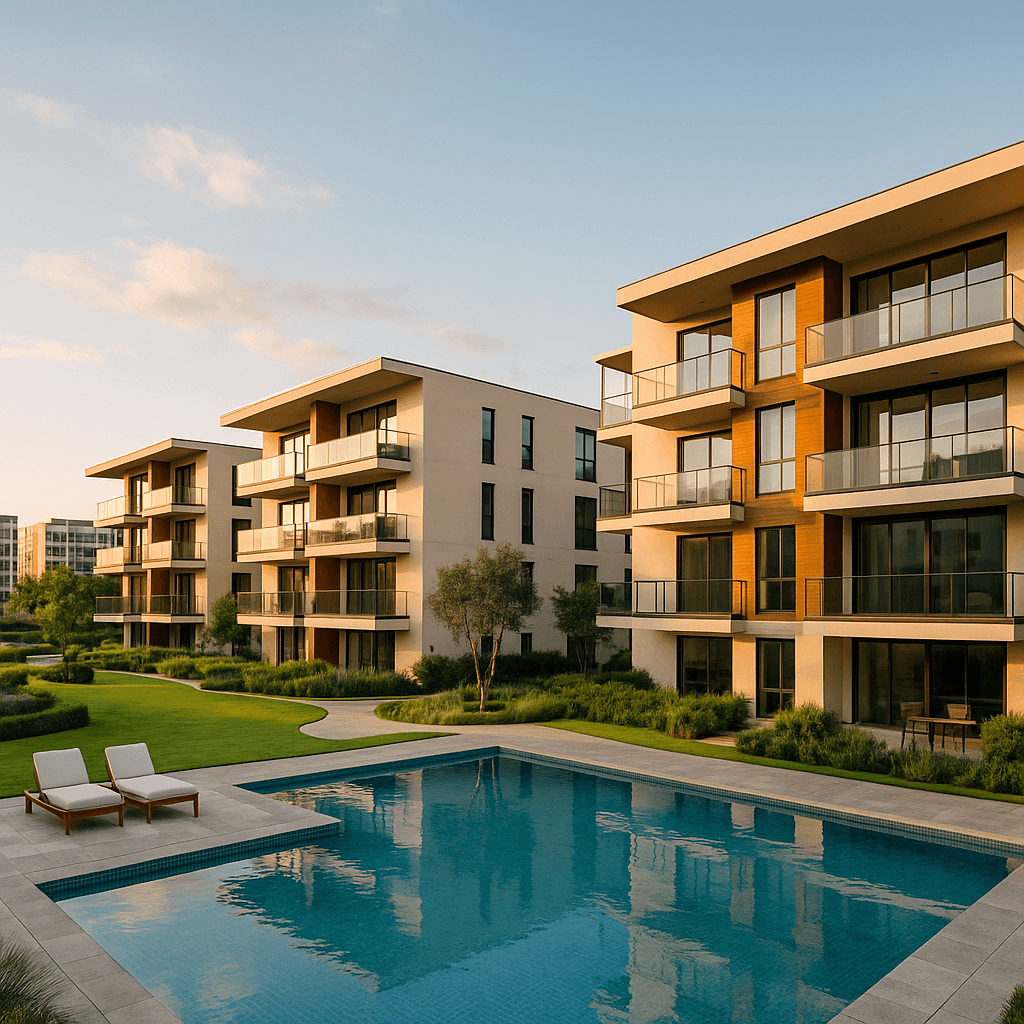 Conjunto residencial de lujo con edificios modernos, piscina, jardines decorativos y áreas verdes, ideal para representar proyectos habitacionales terminados con amenidades exclusivas.