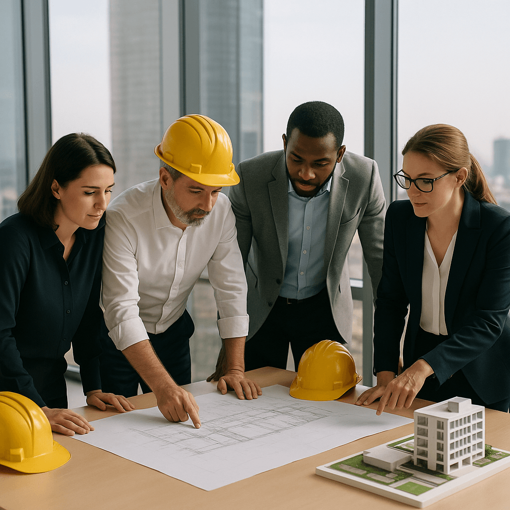 Equipo de arquitectos e ingenieros revisando planos y una maqueta en una oficina moderna con vista panorámica a la ciudad, en un ambiente profesional y colaborativo.