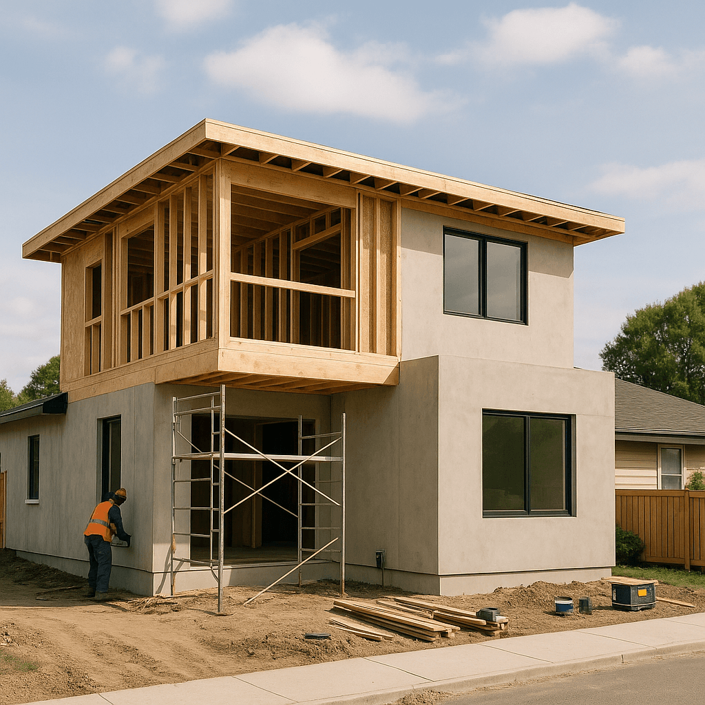 Casa moderna en construcción con estructura de madera visible y trabajador en obra, ideal para representar servicios de construcción residencial profesional.