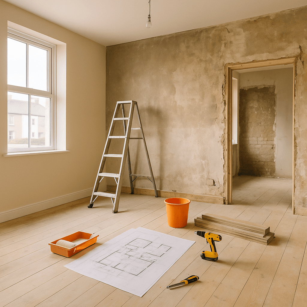 Espacio interior residencial en proceso de remodelación, con paredes parcialmente restauradas, herramientas organizadas y plano arquitectónico sobre el suelo, ideal para representar servicios de renovación profesional.
