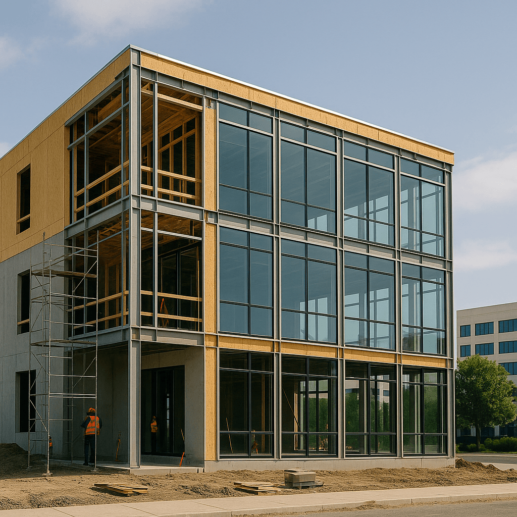 Edificio comercial moderno en construcción con estructura de acero y vidrio, andamios visibles y trabajadores en obra, ideal para representar servicios de construcción de proyectos comerciales.
